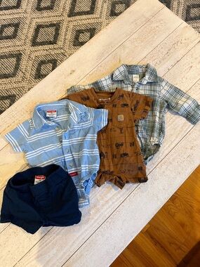 Carhartt Brown Short Sleeve Romper, Wrangler Blue set, and green flannel
